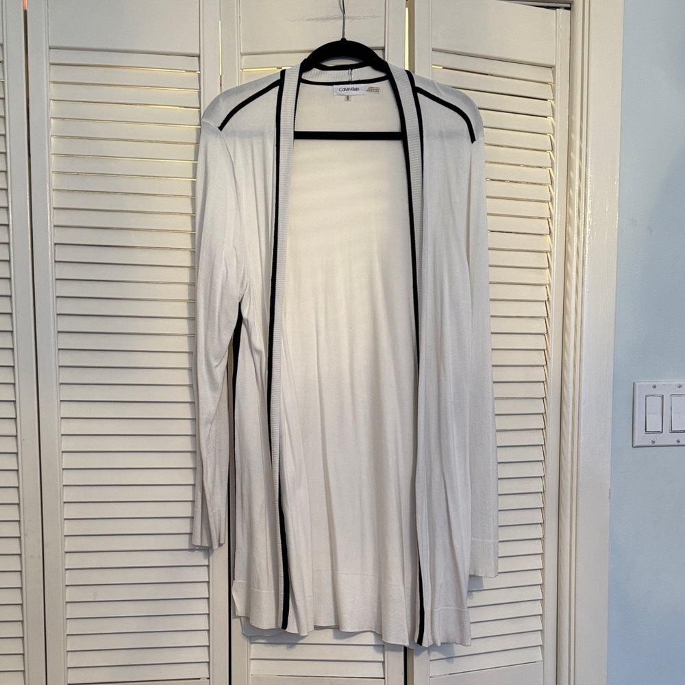 2/$25 Calvin Klein White Open Front Cardigan with Black Trim